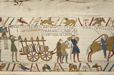 Şarap ve silahlarla dolu bir arabayı çeken Normanlar, Bayeux Goblen (keten üzerine yün işlemesi) by Unknown artist