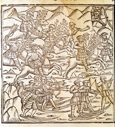 Kayak ve ren geyiği üzerinde seyahat eden Norveçli avcılar. Olaus Magnus (1490 - 1557), İsveçli dindar ve coğrafyacı tarafından gravür, “Historia de Gentis Septentrionalibus”, Venedik by Unknown artist