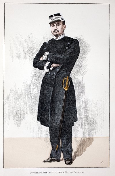 Barış Memuru, Küçük İkinci İmparatorluk Elbisesi (1852-1870). Renklerle gravür, illüstrasyon için, Seine polisi Louis Lepine (1846-1933) himayesinde yayınlanan ““Barış Muhafızları Kolordu Tarihi”” kitabı, Alfred Rey (186) tarafından by Unknown artist