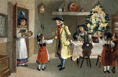 Alsace bölgesinde kutlanan eski bir gelenek: Noel çalısı. 19. yüzyılın sonlarında kromolitografi. by Unknown artist