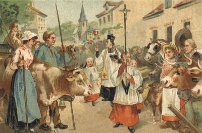 Nivernais bölgesinde kutlanan eski bir gelenek: sürülerin kutsanması. 19. yüzyılın sonlarında kromolitografi. by Unknown artist