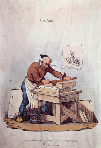 Eski metiers: litografik taş taneci. Bu, taşın mürekkeple hazırlanmasından oluşan litografi baskı adımlarından biridir. 19. yüzyıl Özel koleksiyonunun illüstrasyonu by Unknown artist