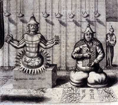 Solda Hindu tanrısının sekiz kolu, sağda Amida, Japon Budası var. Athanasius Kircher (1601 - 1680), Cizvit, Oryantalist ve Alman bilim adamı, Amsterdam 1667 tarafından “De China Monumenta”. by Unknown artist