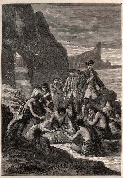 Bunlardan biri dişlerle ayrıldı: Magellan Detroit adalarından birinde Amiral Yardımcısı John Byron (1723-1786) - Fuegians (Tierra del Fuego sakinleri) dişleriyle yırtılmış ve taşlaşmış bir balinayı ayırıyor sahilde - hasta by Unknown artist