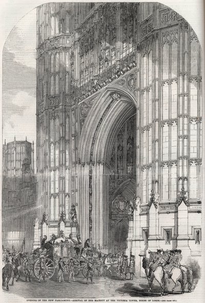 Yeni parlamentonun açılışı - Majestelerinin Victoria kulesine gelişi, Lordlar Kamarası 1852 by Unknown artist