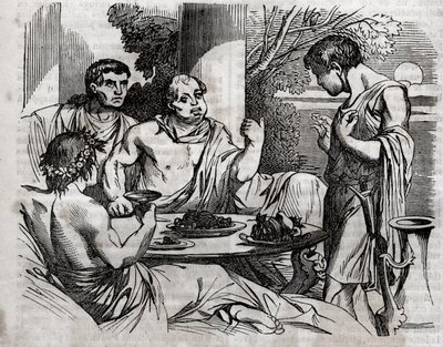 Açık hava ziyafet sahnesi - Vitellius (Aulus Vitellius Germanicus Imperator Augustus) Roma imparatoru (15-69) bir şölen veriyor - “” Evrensel Sağlık - Aileler için Tıbbi Rehber” de gravür 1852 by Unknown artist