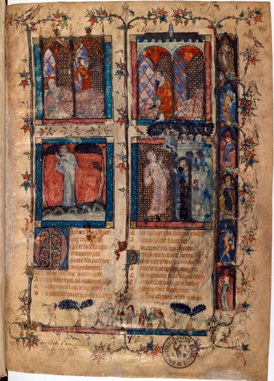 Guillaume de Lorris (yaklaşık 1200-1238) ve Jean de Meun (Meung) (1240-1305) tarafından 1353 dolaylarında İsviçre Bibliotheque de Geneve tarafından yazılan "Le Roman de la Rose" el yazmasından ışıklı sayfa by Unknown artist