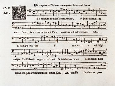 Willaert tarafından yazılan Beati quorum mezmur XIII'ün müzik notalarının sayfası (1538) by Unknown artist