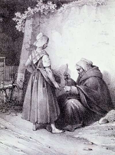El falı: yaşlı bir falcı genç bir kızın elini okur (Gravür) by Unknown artist