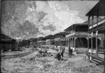 Panama Kanalı. Yeni Kristof Kolomb a Colon şehrinin caddesi: işçi konutları. “” Le Monde Illustré” de gravür by Unknown artist