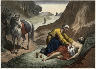 İyi Samiriyeli benzetmesi - İyi Samiriyeli benzetmesi: Samiriyeli, ölmekte olan adamı kurtarmak için yolda durdu. 19. yüzyılın ortalarından anonim gravür. by Unknown artist