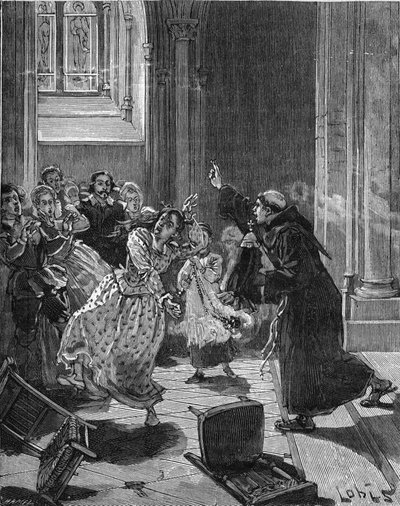 Paris, Sainte Genevieve Kilisesi (Sainte-Genevieve) (1599): Şeytan tarafından ele geçirildiğini iddia eden Martha adındaki bir kadını kovmaya çalışan bir Capuchin keşişi. 19. yüzyılın gravürü. Jules Michelet