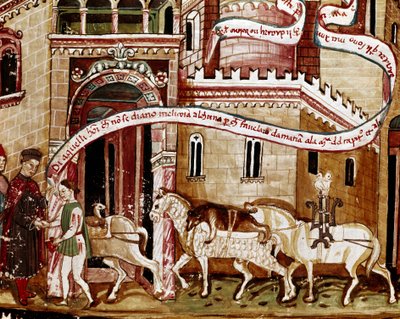 Kasaba girişinde tuz vergisinin ödenmesi (gabelle) Minyatür el yazması (Ms. H V-5) “Codex de Privileges”” by Unknown artist
