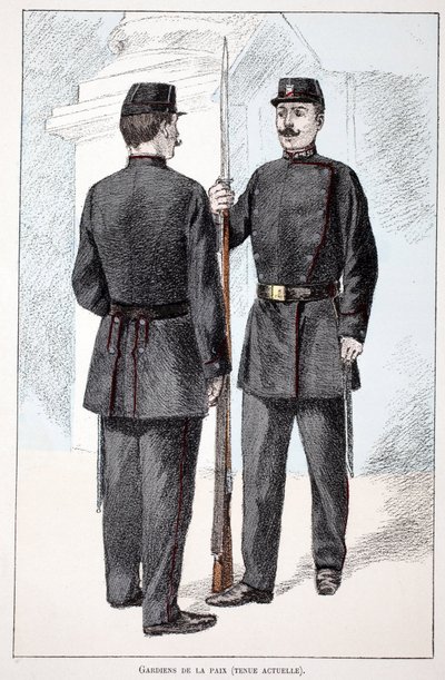 Barış Muhafızları (Lepin dönemi). Renklerle gravür, illüstrasyon için, Seine polisi Louis Lepine (1846-1933) himayesinde, Alfred Rey (1864-?) ve Louis Feron (1862) tarafından yayınlanan “Barış Gücü Kolordu Tarihi”” kitabı - by Unknown artist