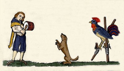 Evcil hayvanlar eğitilir: bir köpek ve bir horoz, davulun ritmine göre hareketsiz görüntüler üzerinde dans eder. Oxford Bodleian kütüphanesinden 1344 tarihli bir el yazmasından gravür. by Unknown artist