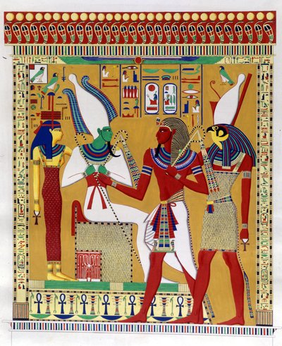 Firavun Merenptah 1 (veya Mineptah, Merneptah) (MÖ 1213-1204), Osiris ve Athyr cehenneminin huzurunda Horus tarafından yönlendirilir. Soldan: Athyr, Osiris, Merenptah I ve Horus. (Biban-el-Moluk) - Ippolito Rosel