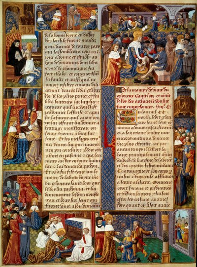Piete sahnesi: “” Kral Louis IX (1214-1270) (Saint Louis) fakirlerin ayaklarını yıkamak, kral dua ediyor ve kraldan Hıristiyan sadaka sahneleri”” Bir el yazmasından minyatür “” Monsenyör Aziz