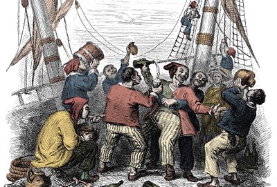 Bir düşman gemisinin saldırısından sonra zengin bir ganimetin ele geçirilmesini kutlayan korsanlar. 19. yüzyıl gravürü by Unknown artist
