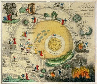 "Yıkım Şehri'nden Göksel Şehir'e Giden Yolun Planı, Williams'ın The Pilgrim's Progress'in Zarif Baskısı için özel olarak oyulmuş" by Unknown artist