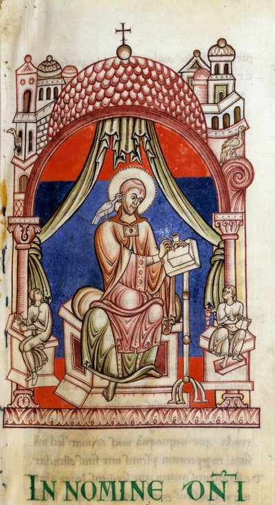Papa St. Gregoire I the Great (540-604) iki sekreter tarafından kuşatıldı. Omzunda Kutsal Ruh