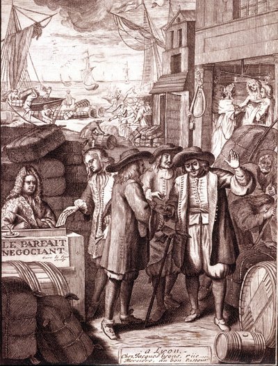 Liman tüccarları birbirleriyle konuşuyor. 19. yüzyıl gravürü. by Unknown artist