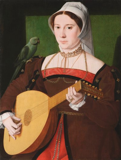 "Omzunda papağan olan ud çalan bir kadın portresi" 1540 dolaylarında anonim resim Ahşap üzerine yağlı boya, 70x55 - Fondation Custodia by Unknown artist
