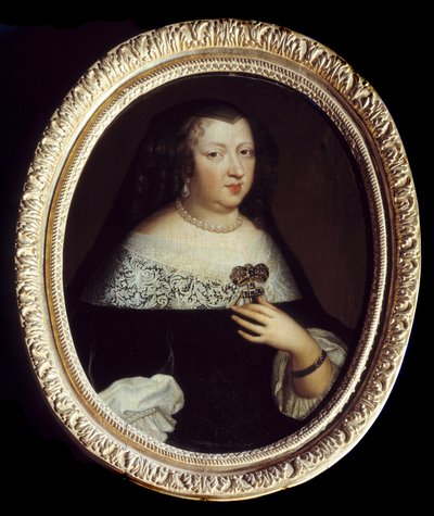 Avusturya Kraliçesi Anne (1601-1666) portresi. İnci mücevherler, haç şeklinde değerli taşlarla süslenmiş bir kolye ve sol bileğine bir bilezik takıyor. anonim resim by Unknown artist