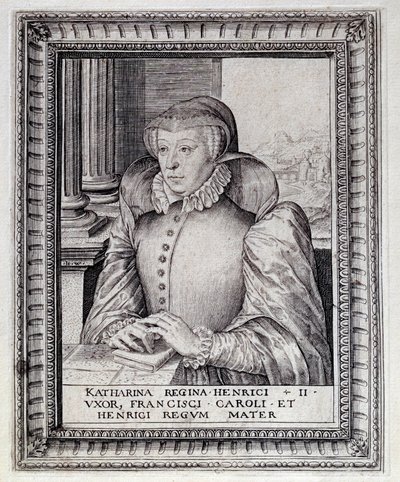 Fransa Kraliçesi Catherine de Medicis'in (Caterina de Medici) (1519-1589) portresi. 16. yüzyılın gravürü. Pau, Musee Du Şatosu by Unknown artist