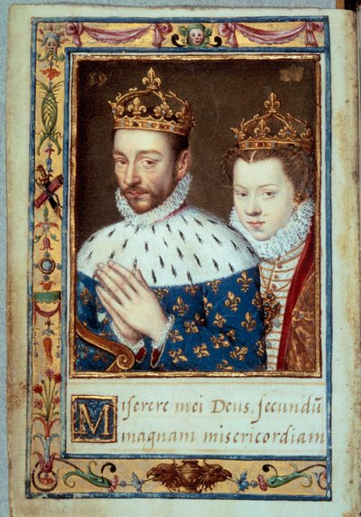 Kral Charles IX (1550-1574) ve Avusturya Elizabeth'in (1554-1592) portresi Fransa Kraliçesi "Caterina de Medicis'in Saatler Kitabı"nın (Caterina de Medici) el yazması sayfası 16. yüzyıl Paris, BN by Unknown artist