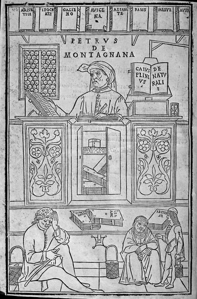 Etrafı Yunanca ve Arapça tıp kitaplarıyla çevrili Padovalı bir tıp öğretmeni olan Pietro da Montagnana ve idrarını muayene ettirmeyi bekleyen üç hastanın portresi. by Unknown artist