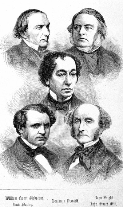William Ewart Gladstone, John Bright, Lord Stanley, John Stuart Mill ve Benjamin Disraeli