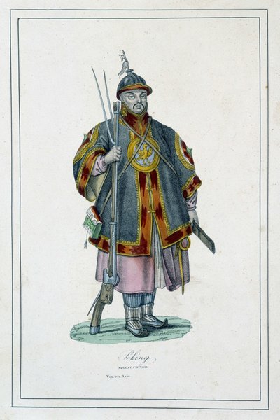 Zırhlı Çinli bir askerin portresi - Abbé Jouhanneaud'un "" Dünyanın farklı halkları"nda, Librairie des bons livres by Unknown artist