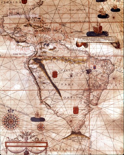 Güney Amerika'yı temsil eden Portulan, Bartolomeo Velhio'ya ait. 1561. by Unknown artist