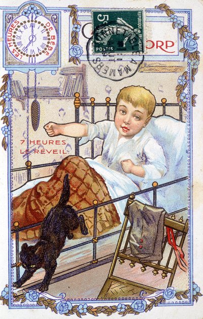 Bir çocuğun gününün seyrini gösteren kartpostal. Saat 7