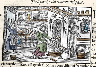 Fırında ekmek hazırlama ve pişirme. Olaus Magnus (1490-1557), İsveçli din adamı ve coğrafyacı tarafından gravür, “Historia de Gentis Septentrionalibus”, Venedik by Unknown artist