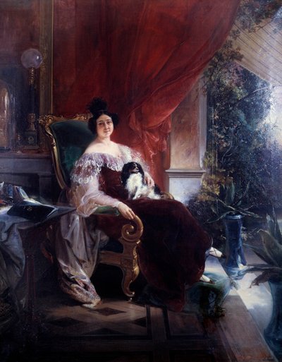 Gizlilik, köpekli bayan. Verandada bir kadının üzerinde oturan bir köpek. Francois Bourbot'un tablosu (19. yüzyıl) by Unknown artist