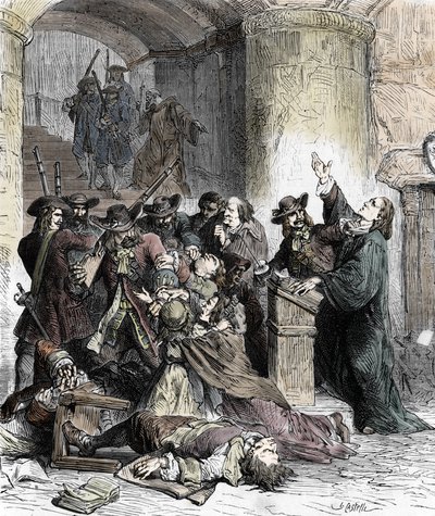 Edit de Nantes'in (XIV.Louis (1681-1686) yönetimindeki ejderler) iptal edilmesinden sonra rahiplerin yasaklanması ve Protestanların tutuklanması: Protestanları katleden Katolik askerler (ejderhalar). 19. yüzyıl (gravür) by Unknown artist
