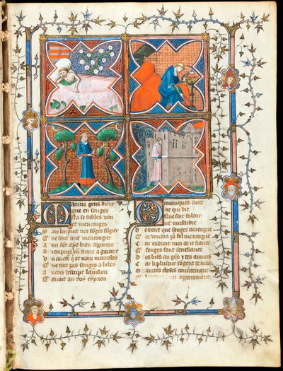 Guillaume de Lorris (1200-1238 civarında) ve Jean de Meun (Meung) (1240-1305) tarafından 1353 civarında İsviçre tarafından yazılan "Le Roman de la Rose" el yazmasından ""Farklı faaliyetlerle meşgul dört adam"" ışıklı sayfa, Cenevre Kütüphanesi by Unknown artist