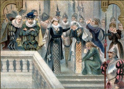 İskoçya Kraliçesi Marie Stuart (1542-1587), saray hanımlarına son vedasını söyledi. 19. yüzyılın geç kromolitografisi. by Unknown artist