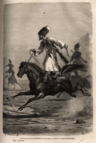 Kazakların Yarışı, eyerleri üzerinde durarak dengede tırmanır, biniciler atlarını kamçılayarak dörtnala koşturur. Basile Vereschaguine tarafından 1864-1865