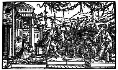 Ütopya'da beş yıl geçiren bir gezgin olan Raphaël Hythlodée, Thomas More ve Pierre Gilles'e yolculuğunu anlatıyor. Thomas More'un (1478 - 1535) 1516 tarihli “Ütopya” baskısında yayınlanan Xylography. by Unknown artist