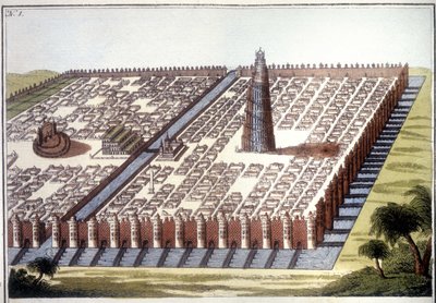 Muhafaza, asma bahçeler ve ziggurat ile antik Babil kentinin yeniden inşa edilmiş görünümü. by Unknown artist