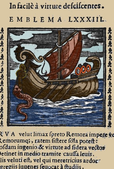 Pliny, Saint Ambrose ve Rabelais'in hikayelerine göre, kuyruğunu bir vantuzla bir kayaya bağlayarak gemilere saldıran ve gemiyi ağzıyla bloke eden bir remoranın temsili. 17. yüzyıla ait bir eserden gravür by Unknown artist