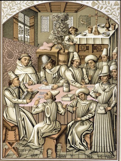 14. yüzyılda memurların temsili. “Dio e Nostra Signora” kardeşliğinin hesap kitabından kromolitograf by Unknown artist