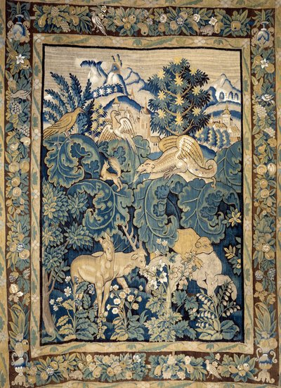 Bakir bir ormandaki fantastik hayvanların temsili. 15. yüzyıl halısı. Angers, kale müzesi by Unknown artist