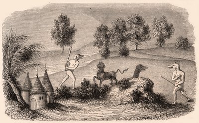 Ortaçağ kabilelerinin ve hayvan türlerinin temsili: iki Cynocephalus savaşan canavar by Unknown