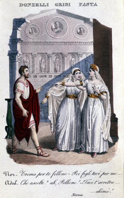 Vincenzo Bellini (1801 - 1835) tarafından “La Norma”nın ilk temsilinin yorumcularının temsili: soldan sağa Domenico Donzelli (Pollione), Giuditta Grisi (Adalgisa) ve Giuditta Pasta (Norma). 1833. by Unknown artist