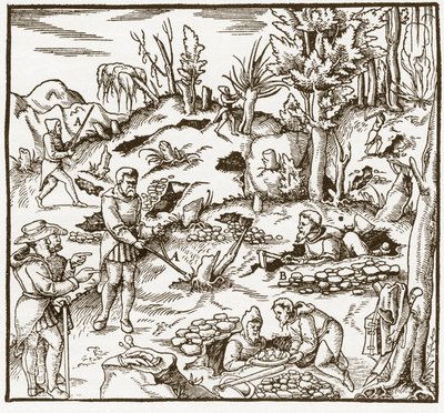 Rabdomancy - rhabdomancie - Kehanet değneği kullanarak bir maden sahasının keşfi - Erkekler mineralleri bulmak için kehanet çubuklarını keser ve kullanır - Georgius Agricola (Georg Bauer), Basel tarafından “” De re metalica” dan by Unknown artist