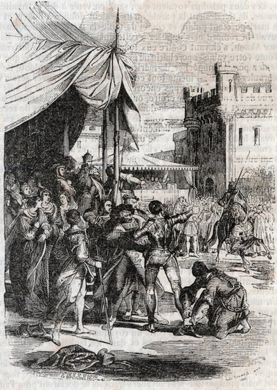 Roger (Ruggero, Ruggiero) Rodomont (Rodomonte) tarafından savaşa meydan okuyor - Ludovico Ariosto tarafından “Öfkeli Roland”dan (Orlando furioso) (16. yüzyıl) 1851 gravürü, Ariosta olarak bilinir - Basım, Kont tarafından İtalyancadan çevrilmiştir. Tressan  by Unknown artist