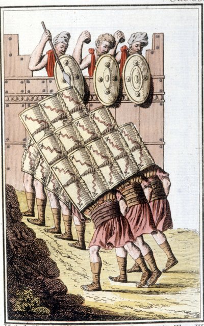Kalkanlarıyla manevra yapan ve kendilerini savunan Romalı askerler (Roma lejyonu). 19. yüzyılın başından itibaren gravür by Unknown artist